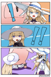  ! !! +_+ 2girls absurdres black_gloves blonde_hair blue_eyes commentary crossover dress duet_night_abyss english_commentary filbert_(duet_night_abyss) gloves hand_up hat highres look-alike meme multiple_girls open_mouth phoebe_(wuthering_waves) pointing pointing_at_another pointing_spider-man_(meme) ryeon_(naturesan) shorts thick_eyebrows trait_connection truffle_(duet_night_abyss) violet_eyes white_dress white_hat white_shorts wuthering_waves 