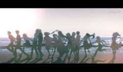  6+boys 6+girls aglaea_(honkai:_star_rail) alternate_costume anaxa_(honkai:_star_rail) animal_ears antenna_hair arms_behind_back artist_name barefoot beach belt black_border border bow breasts caelus_(honkai:_star_rail) castorice_(honkai:_star_rail) cat_ears cat_girl cerydra_(honkai:_star_rail) chrysos_heirs_(honkai:_star_rail) cipher_(honkai:_star_rail) closed_eyes closed_mouth clothes_lift collarbone collared_shirt cyrene_(honkai:_star_rail) cyrene_(ripples_of_past_reverie)_(honkai:_star_rail) dan_heng_(honkai:_star_rail) day denxu0 dress dress_lift english_commentary floating_clothes floating_hair frills from_behind full_body hair_between_eyes hair_bow hands_in_pockets happy highres holding_hands honkai:_star_rail honkai_(series) hood hoodie hyacine_(honkai:_star_rail) hysilens_(honkai:_star_rail) laughing leg_up long_hair long_sleeves low_ponytail low_twintails march_7th_(honkai:_star_rail) medium_breasts medium_hair multiple_boys multiple_girls mydei_(honkai:_star_rail) off-shoulder_dress off_shoulder open_clothes open_hoodie open_mouth outdoors own_hands_together pants pectorals phainon_(honkai:_star_rail) pleated_skirt pointy_ears ponytail puffy_long_sleeves puffy_sleeves ribbon sand shadow shirt short_hair shorts sidelocks skirt sky sleeveless sleeveless_dress smile standing strapless strapless_dress summer sun sweater t-shirt tank_top trailblazer_(honkai:_star_rail) tribios_(honkai:_star_rail) turtleneck turtleneck_sweater twintails very_long_hair walking wavy_hair white_sky 