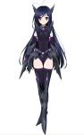  1girl accel_world antenna_hair armor armored_boots black_gloves black_hair black_legwear black_leotard boots brown_eyes detached_sleeves full_body gloves hair_ornament kuroyukihime leotard long_hair looking_at_viewer mech_musume official_art simple_background smile solo standing thigh-highs very_long_hair white_background 