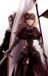  2girls armor armored_dress blonde_hair cape fate/grand_order fate_(series) fur-trimmed_cape fur_trim headpiece highres jeanne_alter long_hair multiple_girls ruler_(fate/apocrypha) short_hair side_slit sketch standard_bearer sword thigh-highs thighs violet_eyes weapon white_background yellow_eyes 