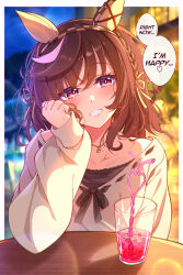  1girl absurdres animal_ears blurry blurry_background breasts brown_hair buena_vista_(casual)_(umamusume) buena_vista_(umamusume) checkered_hairband commentary crazy_straw cup drink drinking_glass drinking_straw elbow_rest english_commentary english_text grin hairband hand_in_own_hair hand_up heart_straw highres horse_ears horse_girl jewelry long_hair long_sleeves looking_at_viewer medium_breasts midori_(midori13579) necklace night official_alternate_costume outdoors pov_across_table sitting smile solo speech_bubble sweater umamusume violet_eyes white_sweater 