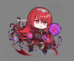  :o aura black_shirt black_thighhighs braid chibi chibi_only clenched_hand crossed_bangs crown_braid dark_aura dark_persona female_alear_(fell_child)_(fire_emblem) female_alear_(fire_emblem) fire_emblem fire_emblem_engage full_body gloves grey_background hair_between_eyes komurice long_hair open_mouth red_eyes red_gloves red_hair scroll shirt thigh-highs tiara twitter_username very_long_hair 