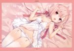  1girl :d absurdres babydoll bow bow_panties breasts collarbone finger_ribbon flower_panties frilled_panties frills garter_belt garter_straps hair_ribbon highres huge_filesize komeshiro_kasu lingerie low_twintails lying n&#039;a_(kasu) negligee on_back open_mouth original panties pink_eyes pink_hair red_ribbon ribbon scan small_breasts smile solo strap_slip thigh-highs twintails underwear underwear_only white_legwear white_panties 