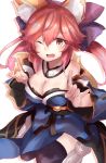  1girl absurdres animal_ears breasts cleavage double_v fang fate/extra fate_(series) highres large_breasts long_hair one_eye_closed open_mouth pink_eyes pink_hair ranf smile solo tail tamamo_(fate)_(all) tamamo_no_mae_(fate) thigh-highs v 