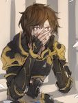  armor brown_hair feathers granblue_fantasy hand_on_own_face male_focus red_eyes sandalphon_(granblue_fantasy) short_hair tearing_up whalebrother 