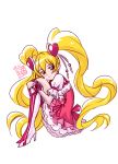  1girl 2016 blonde_hair boots bow closed_mouth cure_peach dated earrings fresh_precure! frilled_skirt frills hair_ornament heart_hair_ornament jewelry knee_boots long_hair maboroshineko magical_girl momozono_love pink_boots pink_bow pink_eyes pink_skirt precure signature simple_background sitting skirt smile solo twintails white_background wrist_cuffs 