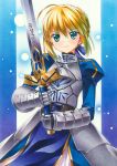  1girl armor armored_dress blonde_hair excalibur fate/stay_night fate_(series) green_eyes marker_(medium) saber short_hair solo sword traditional_media weapon yuto_cafe 