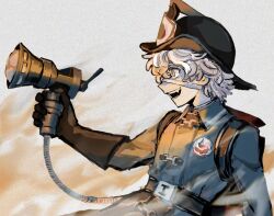  1boy :d aiming backpack bag bandage_on_face bandages black_gloves black_hat blonde_hair blue_coat coat curly_hair fang fire florian_brand from_side gloves hat holding holding_weapon identity_v looking_ahead male_focus oishi_ca profile smile upper_body weapon yellow_eyes 