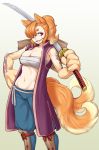  1girl animal_ears arm_tattoo belt breasts grin hair_over_one_eye highres ittla large_breasts large_hands monster_girl multiple_tails navel orange_hair original paws ponytail sarashi sharp_teeth shin_guards smile sword tail tattoo teeth violet_eyes weapon white_background 