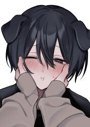  1boy 1other :i absurdres animal_ears arata20250328 black_eyes black_hair black_shirt blush closed_mouth dog_boy dog_ears double-parted_bangs hair_between_eyes hands_on_another's_cheeks hands_on_another's_face highres long_sleeves looking_at_viewer male_focus one_eye_closed original pov pov_hands raised_inner_eyebrows shirt short_hair simple_background small_sweatdrop solo_focus upper_body white_background 