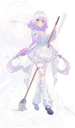 1girl absurdres alternate_costume apron black_shoes bow bright_pupils bug butterfly butterfly_on_hand castorice_(honkai:_star_rail) closed_mouth dress enmaided full_body hair_bow hands_up highres holding honkai:_star_rail honkai_(series) jersey_maid lala_2080 leg_warmers loafers long_hair long_sleeves looking_at_viewer low_twintails maid maid_apron maid_headdress purple_dress purple_hair shoes simple_background smile solo standing thigh_strap twintails unconventional_maid very_long_hair violet_eyes white_apron white_background white_bow white_leg_warmers white_pupils zoom_layer 
