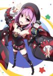  1girl bare_shoulders belt black_legwear blush fate/grand_order fate_(series) flat_chest foreshortening hat helena_blavatsky_(fate/grand_order) jacket looking_at_viewer open_mouth purple_hair red-eyes_macadamiachoco short_hair smile solo strapless thigh-highs tree_of_life violet_eyes 
