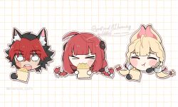  >_< 1boy 2girls :3 alice_thymefield animal_ear_fluff animal_ear_piercing animal_ears black_gloves black_hair blank_eyes blonde_hair blush bow braid braided_twintails checkered_background chibi chibi_only closed_eyes closed_mouth commentary_request crossed_bangs dog_boy dog_ears eating fingerless_gloves food gloves hair_between_eyes hair_bow hair_ornament hand_on_own_face hearing_aid highres holding holding_food komano_manato long_hair low_twintails memoo_cchi multicolored_hair multiple_girls open_mouth outline rabbit_ears rabbit_girl red_hair scar scar_across_eye scar_on_face short_hair sphere_hair_ornament teeth twintails twitter_username ukinami_yuzuha upper_teeth_only white_background white_bow white_outline zenless_zone_zero 