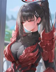  1girl armor black_hair blue_archive breasts highres large_breasts monster_hunter_(series) oishi okaze okaze_oishi ponytail red_eyes rio_(blue_archive) 