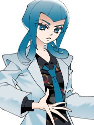  1girl black_dress blue_eyes blue_hair blue_necktie closed_mouth dress hair_rings lab_coat long_hair looking_at_viewer mable_(pokemon) necktie pokemon pokemon_legends:_z-a simple_background solo upper_body white_background wkrrhks 