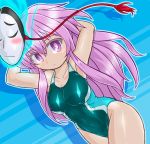  1girl armpits arms_behind_head arms_up blush breasts competition_swimsuit expressionless hata_no_kokoro highleg long_hair looking_at_viewer mask mask_on_head medium_breasts one-piece_swimsuit pink_eyes pink_hair shiny shiny_clothes solo swimsuit touhou winn youkai 