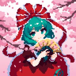  1girl absurdres bow cherry_blossoms dress front_ponytail green_eyes green_hair hair_bow hair_ribbon hand_fan highres holding holding_fan kagiyama_hina looking_at_viewer pixel_art red_bow red_dress red_ribbon ribbon smile solo takeez3 touhou 