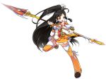  1girl ara_han black_hair elsword full_body hair_ornament hair_ribbon high_ponytail holding holding_weapon long_hair official_art one_leg_raised open_mouth orange_eyes polearm ribbon solo thigh-highs transparent_background weapon white_legwear white_ribbon 