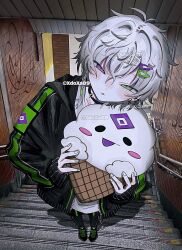  1boy alternate_costume antenna_hair artist_name black_choker black_jacket black_pants braid brick_wall choker closed_mouth commentary foreshortening from_above full_body graffiti hair_between_eyes hair_ornament hairclip heterochromia highres holding holding_stuffed_toy jacket long_sleeves looking_at_viewer murakumo_kagetsu nijisanji on_stairs open_clothes open_jacket pants short_hair side_braid solo stairs standing stone_stairs stuffed_toy symbol-only_commentary tongue tongue_out virtual_youtuber watakumo_(murakumo_kagetsu) white_hair xdoxa89 