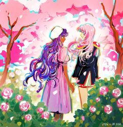  2girls beret black_jacket closed_mouth dark-skinned_female dark_skin dated dress epaulettes feet_out_of_frame flower hat highres himemiya_anthy holding_hands jacket long_dress long_hair looking_at_another multiple_girls parted_bangs parted_lips pink_dress pink_flower pink_hair pink_rose puffy_short_sleeves puffy_sleeves purple_hair rose short_sleeves shoujo_kakumei_utena smile tenjou_utena tree white_hat windychariot 