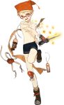  &gt;:d 1boy :d blonde_hair blue_eyes coin glasses hakata_toushirou hat injury kiwame_(touken_ranbu) male_focus official_art open_mouth red-framed_eyewear shirtless shorts smile standing standing_on_one_leg sword tantou toinana touken_ranbu weapon 