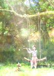  1girl blouse branch brown_hair butterfly dog flower flute grass highres instrument kun52 light_rays log original rope solo swing tree 