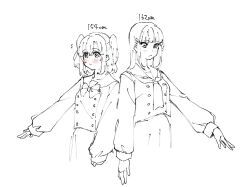  2girls akira_hjk blunt_bangs blush bow bowtie buttons closed_mouth commentary_request double-breasted greyscale height kurosawa_dia kurosawa_ruby long_hair long_sleeves love_live! love_live!_sunshine!! mole mole_under_mouth monochrome multiple_girls neckerchief pleated_skirt school_uniform serafuku siblings sidelocks sisters skirt spot_color standing two_side_up uranohoshi_school_uniform winter_uniform 