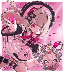  1girl :< ankle_strap belt black_belt black_capelet black_ribbon black_sleeves black_socks blunt_bangs blush_stickers bonnet border bow bow_legwear brooch buttons capelet colored_inner_hair deformed dress drill_hair feet_out_of_frame floating_hair frilled_bonnet frilled_capelet frilled_dress frilled_sleeves frills from_side grey_hair hair_intakes hair_ornament hair_ribbon heart heart_background heart_brooch heart_wand highres holding holding_heart holding_wand jewelry knee_up long_hair long_sleeves looking_at_viewer magical_girl makaino_ririmu mascot multicolored_hair multiple_belts nail_polish neck_ribbon nijisanji official_alternate_costume official_alternate_hairstyle outside_border petticoat pink_background pink_bow pink_dress pink_hair pink_ribbon pink_streaks pointy_ears pooop_hrsz puffy_long_sleeves puffy_sleeves reaching reaching_towards_viewer red_eyes red_nails red_ribbon ribbon sidelocks socks solo sparkle_background star-shaped_pupils star_(symbol) streaked_hair symbol-shaped_pupils two-tone_hair two_side_up v-shaped_eyebrows virtual_youtuber wand white_border white_bow winged_heart x_hair_ornament 