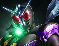  1boy armor black_armor black_helmet green_armor green_helmet helmet highres kabashima_yousuke kamen_rider kamen_rider_double kamen_rider_double_(cyclonejoker) kamen_rider_w looking_at_viewer male_focus red_eyes scarf solo tokusatsu upper_body 