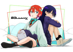  2girls absurdres amate_yuzuriha aqua_shirt aqua_skirt arm_support beanie black_boots black_hair black_hat black_shoes black_skirt blue_jacket boots commentary copyright_logo diagonal-striped_clothes diagonal-striped_necktie full_body gundam gundam_gquuuuuux hair_between_eyes haro hat highres hugging_own_legs indian_style jacket logo long_hair looking_at_viewer looking_back multiple_girls necktie nyaan_(gundam_gquuuuuux) open_mouth pleated_skirt pom_pom_(clothes) pom_pom_beanie red_hair shirt shoes short_hair sitting skirt sneakers striped_clothes watan_(tvzv5527) yellow_eyes 