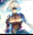 1girl bangs black_dress blindfold breasts cleavage dress hairband large_breasts min-naraken mole mole_under_mouth nier_(series) nier_automata puffy_sleeves short_hair signature silver_hair solo yorha_no._2_type_b 
