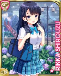  1girl black_eyes black_hair black_socks blue_bow blue_bowtie blue_skirt bow bowtie card_(medium) character_name full_body girlfriend_(kari) jacket loafers looking_at_viewer miniskirt official_art plaid_clothes plaid_skirt pleated_skirt qp:flapper school_uniform shirouzu_rikka shirt shoes skirt smile socks solo standing suspenders undressing white_shirt 