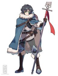  1boy armor belt black_hair blue_cape boots brown_boots brown_gloves cape closed_mouth fluffy_hair full_body fur_trim gloves green_eyes hair_between_eyes highres holding holding_polearm holding_weapon jesternalagon looking_at_viewer male_focus original pants polearm sheath sheathed short_hair simple_background solo spear standing sword weapon white_background 