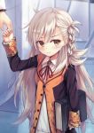  1girl bangs blush book braid brooch brown_eyes buttons fate/grand_order fate_(series) hand_holding jewelry long_hair long_sleeves looking_at_viewer olga_marie oukatihiro shirt silver_hair solo_focus white_shirt wing_collar 