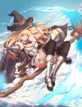  1girl black_legwear blonde_hair boots breasts broom broom_riding cape cleavage clouds cloudy_sky garter_belt gem gloves h2o_(dfo) hat hat_belt high_heels highres holding holding_hat large_breasts long_hair looking_at_viewer magic medium_breasts original outstretched_arm partly_fingerless_gloves puffy_sleeves sky smile solo thigh-highs witch witch_hat yellow_eyes 