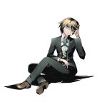  1boy alpha_transparency blonde_hair blue_eyes closed_mouth dangan_ronpa dangan_ronpa_1 divine_gate full_body glasses head_tilt legs_crossed looking_at_viewer male_focus official_art shadow shoes short_hair sitting solo togami_byakuya transparent_background ucmm 