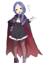  0kzdocexgw24490 1girl absurdres black_dress blue_hair boots braid brown_cape brown_pantyhose cape dress flower frilled_dress frills full_body green_eyes hair_flower hair_ornament hand_on_own_hip highres long_hair long_sleeves looking_at_viewer meili_portroute open_mouth pantyhose re:zero_kara_hajimeru_isekai_seikatsu red_cape simple_background single_braid sketch smile solo standing two-tone_cape white_background 