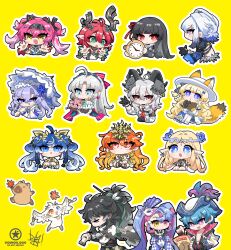  2boys 6+girls abby_(wuthering_waves) ahoge animal_ears animal_hands animalization aqua_eyes arm_armor artist_logo artist_name augusta_(wuthering_waves) black_bow black_gloves black_hair black_horns black_jacket blonde_hair blue_eyes blue_hair bow brant_(wuthering_waves) cantarella_(wuthering_waves) carlotta_(wuthering_waves) changli_(wuthering_waves) chisa_(wuthering_waves) ciaccona_(wuthering_waves) clock closed_eyes commentary_request crossed_arms crown_of_thorns curled_horns dog-san earrings female_rover_(wuthering_waves) galbrena_(wuthering_waves) gloves gradient_hair green_eyes grey_eyes grey_hair hair_between_eyes hair_bow hair_ornament hair_ribbon hairband hands_up headgear heterochromia highres holding holding_clock holding_map holding_umbrella horns iuno_(wuthering_waves) jacket jewelry jinhsi_(wuthering_waves) kemonomimi_mode laurel_crown logo long_hair looking_at_animal looking_at_viewer looking_up lupa_(wuthering_waves) male_rover_(wuthering_waves) map mask mask_on_head medium_hair metal_hairband multicolored_hair multiple_boys multiple_earrings multiple_girls namipon_(wuthering_waves) necktie open_mouth orange_hair parasol parted_bangs phoebe_(wuthering_waves) pink_bow pink_eyes pink_hair pink_hairband pointy_ears ponytail profile purple_hair qiuyuan_(wuthering_waves) red_eyes red_hair red_necktie red_pupils red_ribbon ribbon roccia_(wuthering_waves) rover_(wuthering_waves) shirt simple_background smile streaked_hair sun_earrings symbol-shaped_pupils tacet_mark_(wuthering_waves) tail tree_horns twintails two-tone_hair umbrella violet_eyes w white_shirt wuthering_waves x_hair_ornament yellow_background yellow_eyes zani_(wuthering_waves) 