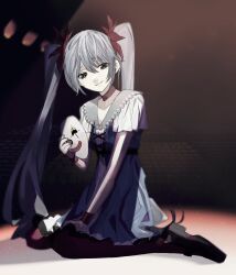  1girl black_pantyhose blue_dress blue_eyes blue_hair choker commentary_request crying dress grey_nails hatsune_miku highres holding holding_mask karakuri_pierrot_(vocaloid) long_hair makeup mask pantyhose red_choker runny_makeup short_dress sitting smile solo soyaka stage streaming_tears tears twintails very_long_hair vocaloid wariza wristband 