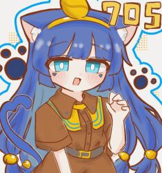  1girl animal_ears anzu_cha709 belt black_belt blue_eyes blue_hair blunt_bangs blush blush_stickers brown_pants brown_shirt buttons capelet cat_ears cat_girl cat_tail collared_shirt facial_mark gold_headwear highres kemonomimi_mode long_hair looking_at_viewer michigami_nareko pants paw_pose paw_print paw_print_background quad_tails rectangular_mouth shirt solo striped_capelet tail touhou triangle triangle_facial_mark two-tone_capelet very_long_hair white_background yellow_capelet 