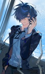  1boy absurdres bag belt black_bag black_belt black_jacket black_ribbon blue_eyes blue_hair blue_sky chinese_commentary chunjinran000 collared_shirt commentary_request cowboy_shot day gekkoukan_high_school_uniform hair_over_one_eye hand_on_headphones headphones highres indoors jacket lapels long_sleeves looking_at_viewer male_focus neck_ribbon notched_lapels open_clothes open_jacket persona persona_3 ribbon sanpaku school_bag school_uniform shirt shoulder_bag sky solo white_shirt window yuuki_makoto_(persona_3) 