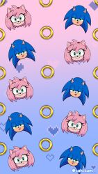 1boy 1girl amy_rose animal_nose blue_fur carollilium character_print furry furry_female furry_male gradient_background green_eyes heart hedgehog_boy hedgehog_girl highres pink_fur pixel_heart portuguese_commentary red_shoes ring_(sonic) shoes sonic_(series) sonic_the_hedgehog wallpaper