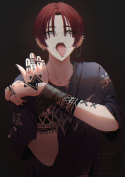  1boy absurdres arm_tattoo black_background black_nails black_shirt blue_eyes chain chain_necklace commentary ear_piercing english_commentary finger_tattoo fingernails hand_tattoo highres jewelry male_focus nail_polish necklace niwa281610 original piercing red_hair safety_pin shirt solo spike_piercing tattoo teeth tongue_piercing torn_clothes torn_shirt upper_teeth_only 