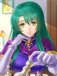 1girl armor cape cecilia_(fire_emblem) fire_emblem fire_emblem:_fuuin_no_tsurugi gloves green_eyes green_hair komugikomix long_hair looking_at_viewer smile 