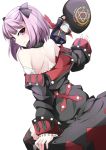  1girl bare_back bare_shoulders blush bow fate/grand_order fate_(series) hair_bow hat hat_removed headwear_removed helena_blavatsky_(fate/grand_order) long_sleeves looking_back purple_hair red-eyes_macadamiachoco short_hair smile solo violet_eyes white_background 