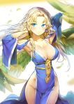  1girl armpits arms_up blonde_hair blue_eyes blush breasts cleavage detached_sleeves dress feathered_wings hair_tubes highres jewelry kakiman large_breasts looking_at_viewer mabinogi no_panties original pointy_ears side_slit single_earring smile solo wings 