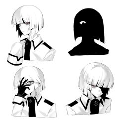 1boy anchor_print blunt_bangs camille407 chinese_commentary closed_mouth collared_shirt commentary_request cropped_shoulders expressionless eyes_visible_through_hair fukami_(funamusea) funamusea gloves greyscale hand_on_own_face highres long_sleeves male_focus monochrome multiple_views necktie one_eye_in_shadow oounabara_to_wadanohara red_pupils sanpaku shirt short_hair simple_background sleeves_past_fingers sleeves_past_wrists spot_color white_background wing_collar 