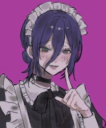  1girl apron black_choker black_dress black_ribbon blush chainsaw_man choker collared_dress dress finger_to_mouth green_eyes grenade_pin hair_between_eyes hair_bun highres kumaaaamiiii maid maid_apron maid_headdress medium_hair neck_ribbon open_mouth purple_background purple_hair reze_(chainsaw_man) ribbon smile solo updo upper_body white_apron 