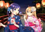  2girls ahoge black_eyes black_hair brown_eyes brown_hair collarbone commentary_request cotton_candy hair_ornament highres holding japanese_clothes kimono lampion long_hair multiple_girls night night_sky original shaved_ice side_ponytail sky summer_festival yukata yuusa 