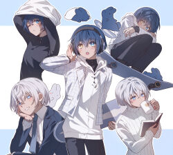 2boys alternate_costume arms_up black_hairband black_pants blue_eyes blue_hair blue_necktie blush book cup grey_hair hair_between_eyes hairband heterochromia highres holding holding_cup holding_skateboard hood hood_down hoodie jacket lella_nyam long_sleeves male_focus metaphor:_refantazio mug multiple_boys multiple_views necktie one_eye_closed open_clothes open_jacket open_mouth pants protagonist_(metaphor:_refantazio) rabbit ribbed_sweater simple_background skateboard sweater the_prince_(metaphor:_refantazio) turtleneck turtleneck_sweater undressing white_hoodie white_sweater 